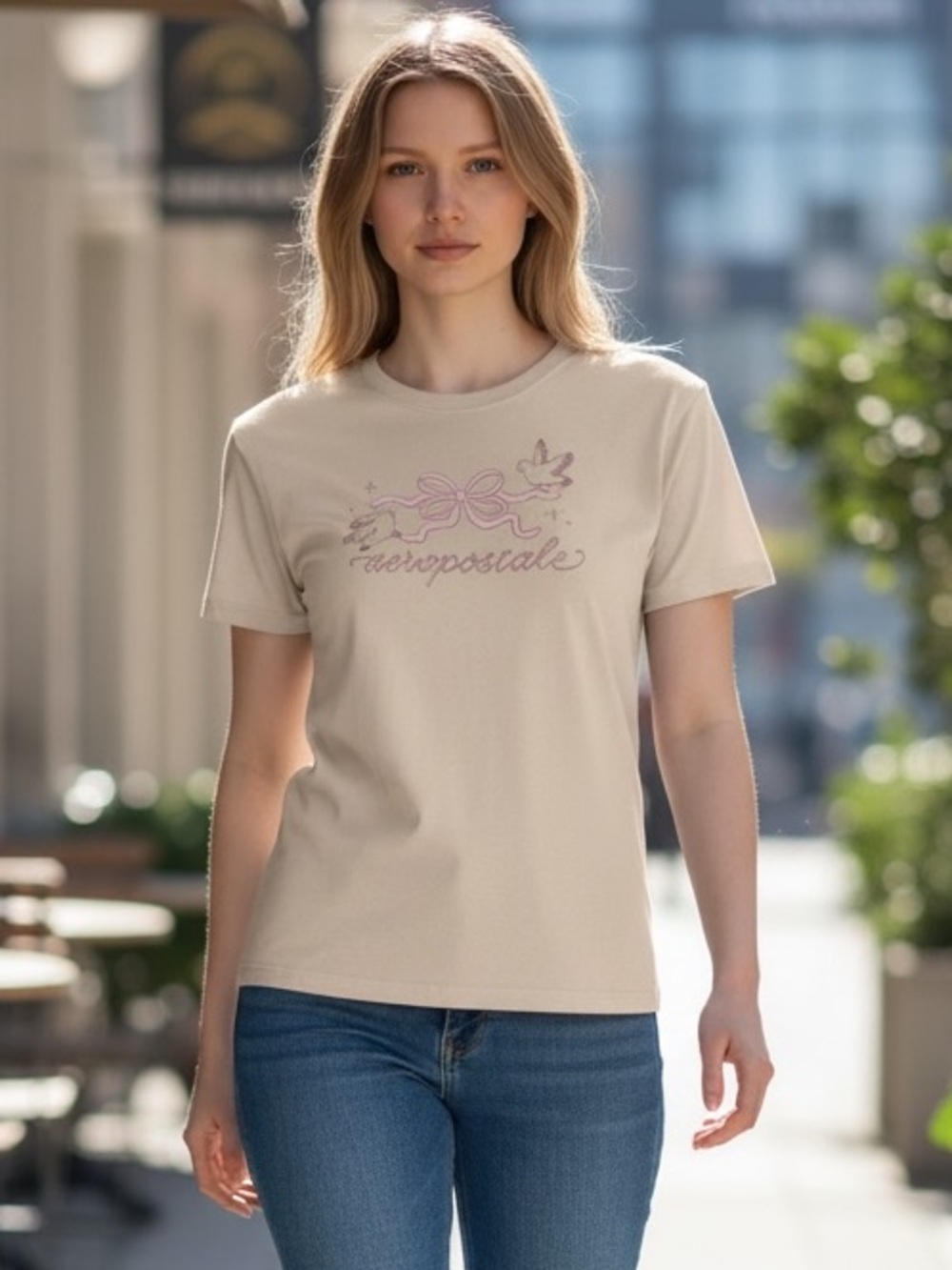 NWT Aeropostale Beige Bird Bow Graphic T-Shirt Size M
